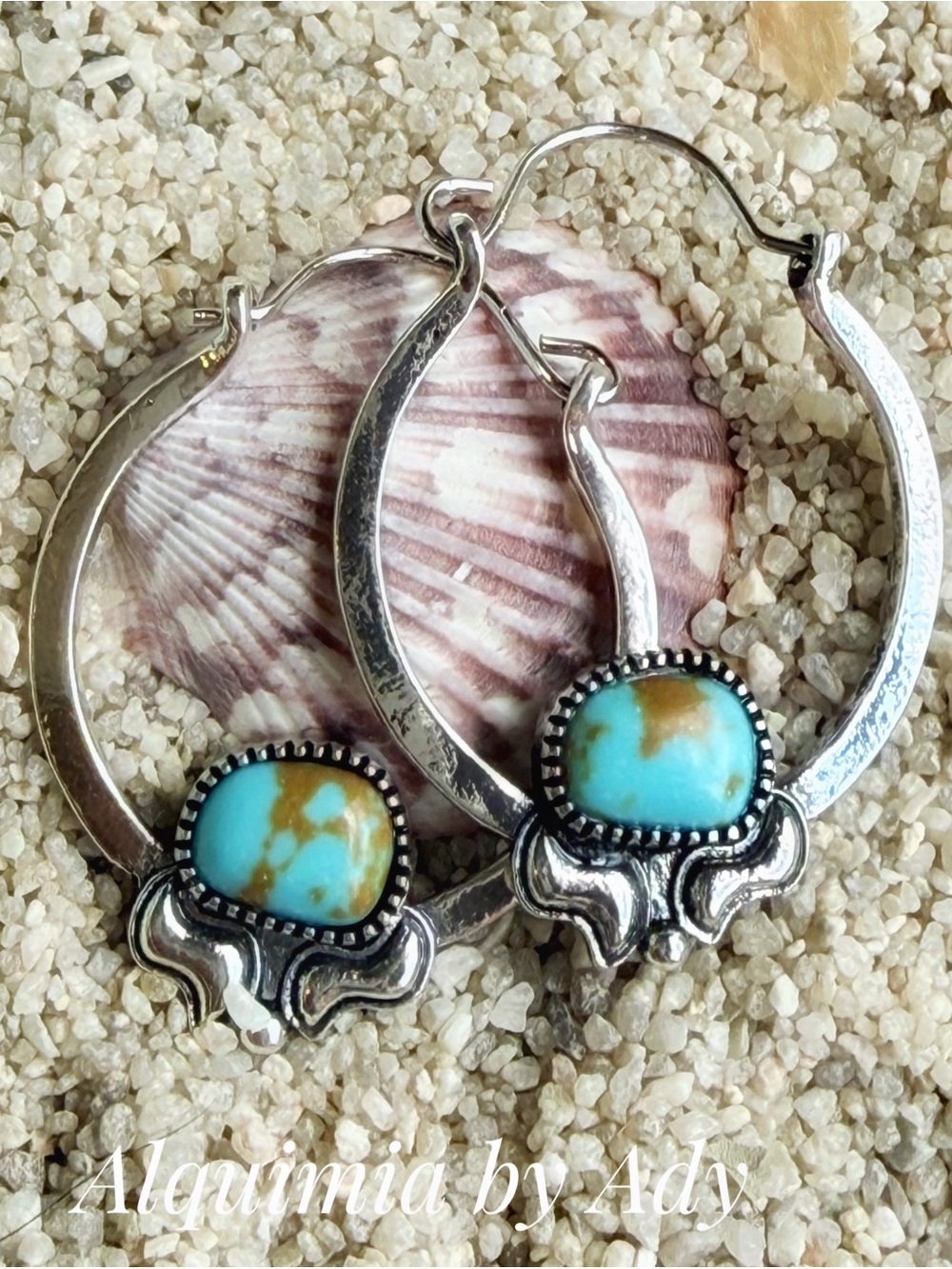 Alquimia Silver Hoop Earrings with Turquoise and Brown Matrix